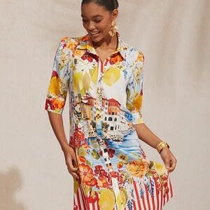 Adore Multicolor Floral & Coastal Print Shirt Dress - White, Yellow, Red, Blue